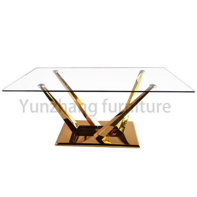 Table de salle à manger supérieure en verre rectangulaire minimaliste avec la base du support SS201 plaquée par or solide