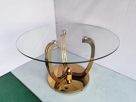 Table de salle à manger basse minimaliste d'acier inoxydable d'or avec le dessus en verre