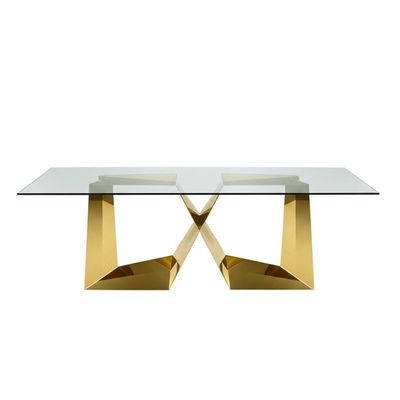 Table de salle à manger supérieure en verre rectangulaire minimaliste avec la base du support SS201 plaquée par or solide
