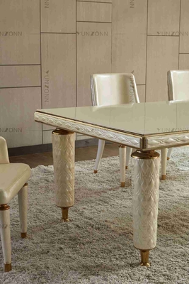 Cadre blanc d'acier inoxydable de dessus de verre trempé de tables de salle à manger modernes de luxe en cuir de couverture de broderie pour la maison
