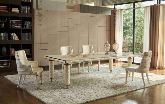 Cadre blanc d'acier inoxydable de dessus de verre trempé de tables de salle à manger modernes de luxe en cuir de couverture de broderie pour la maison