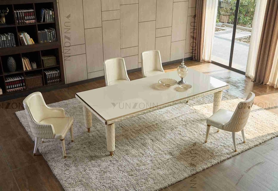 Cadre blanc d'acier inoxydable de dessus de verre trempé de tables de salle à manger modernes de luxe en cuir de couverture de broderie pour la maison