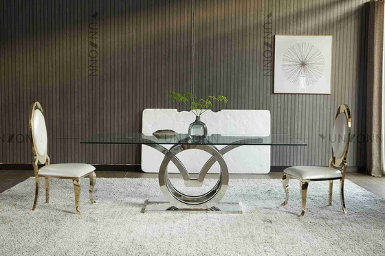 Les mouettes conçoivent la table de salle à manger en verre moderne de luxe de dessus ont placé l'argent de bâti d'acier inoxydable de 4 Seater