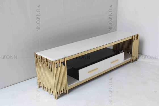 Le blanc de salon et le Tableau de console de l'or TV marbrent l'acier inoxydable supérieur avec des tiroirs