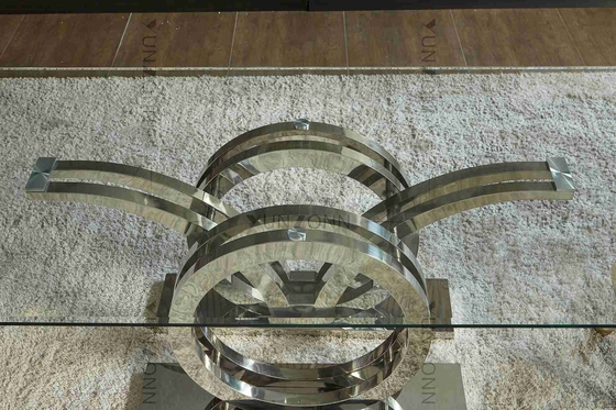 Les mouettes conçoivent la table de salle à manger en verre moderne de luxe de dessus ont placé l'argent de bâti d'acier inoxydable de 4 Seater