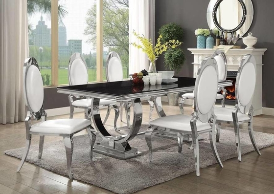 La table de salle à manger argentée de jambe d'acier inoxydable d'or a placé 6 Seater avec le dessus de marbre