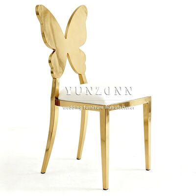 Bon prix Fabrication professionnelle Chaise de salle à manger confortable en acier inoxydable avec dossier papillon doré, chaises de mariage et d'événements en ligne