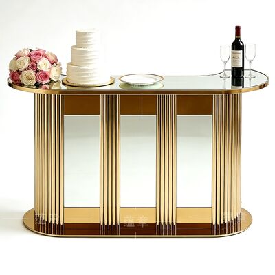 Bon prix Tableau de bar rond moderne avec plafond en verre miroir et base en acier inoxydable doré pour une fête ou un hôtel en ligne