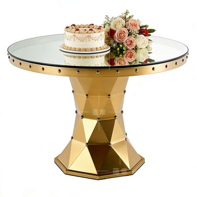 Bon prix Élégant Moderne Nouvelle Arrivée Cérémonie de Mariage Décoration de Célébration Or Acier Inoxydable Miroir Verre Gâteau Stand Hôtel Salle à Manger en ligne