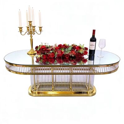 Bon prix Table de mariage durable en verre trempé avec cadre en acier inoxydable de forme ovale, moderne et luxueuse, pour restaurants en ligne