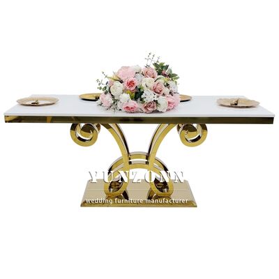 Bon prix Nouvelle conception de table de mariage de luxe rectangulaire en verre et acier inoxydable doré pour usage festif en ligne