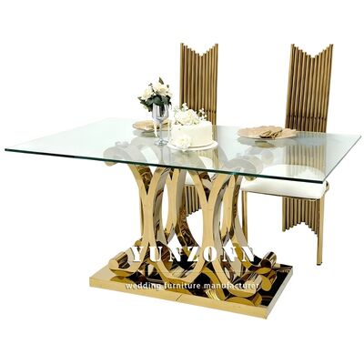 Bon prix Tables de salle à manger rectangulaires en verre décoratives de luxe modernes avec pieds dorés, tables en acier inoxydable pour événements, décorations de banquet de mariage en ligne