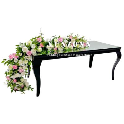 Bon prix Table d'événement en verre trempé miroir, forme rectangulaire, acier inoxydable noir, table d'hôtel restaurant en ligne