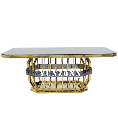 Bon prix Banquet de mariage en acier inoxydable en or moderne Table à manger Rectangle Meubles d'hôtel en verre pour tables de mariage et location en ligne