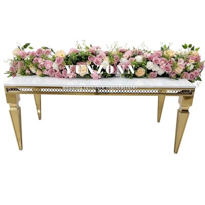 Bon prix Table de banquet d'hôtel de mariage en acier inoxydable doré avec miroir rectangulaire romantique pour 8 personnes en ligne