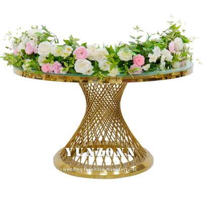 Bon prix Événement de mariage Table à manger Hôtel Meubles en acier inoxydable Base métallique Tables rondes Derniers meubles de mariage en ligne