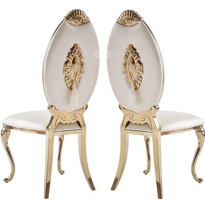 Bon prix Vente directe d'usine de meubles de chaises classiques à dossier haut plaqué or en acier inoxydable, adaptées aux mariages et aux banquets en ligne