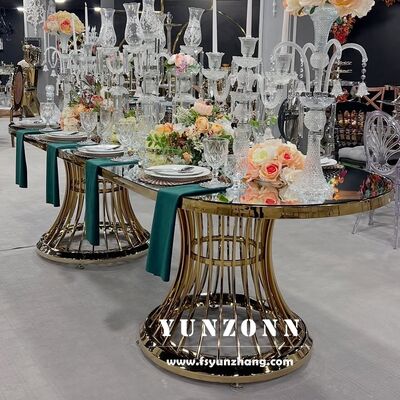 Bon prix Table de mariage en acier inoxydable or de luxe Table à manger en verre pour l' hôtel en ligne