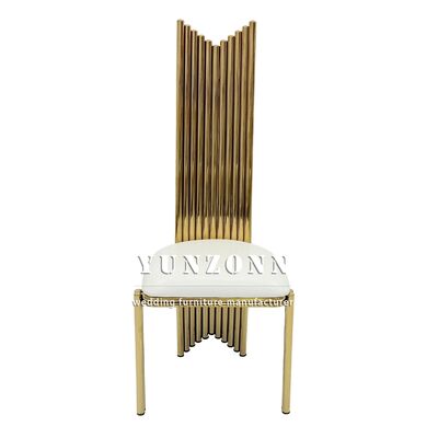 Bon prix Chaise de banquet de mariage pour événement, en acier inoxydable avec cadre doré et dossier haut en PU blanc, à vendre en ligne