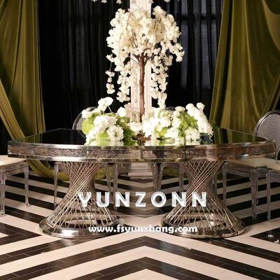 Bon prix Table de salle à manger à double piédestal avec plateau en verre miroir, centres de table dorés pour mariages et hôtels en ligne