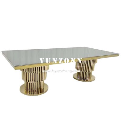 Bon prix Table à manger en or en acier inoxydable moderne avec base de piédestal pour banquets en plein air Mariages et événements d'hôtel en ligne