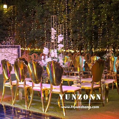 Bon prix Des chaises de luxe en acier inoxydable en or, fleur de mariage, arrière, chaises de banquet. en ligne