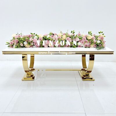 Bon prix Décorations d'événements de fête de luxe Tables de banquet rectangulaires modernes en verre avec pieds dorés en acier inoxydable en ligne