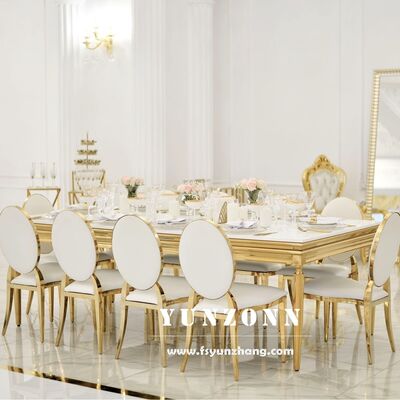 Bon prix Table à manger moderne en verre avec cadre doré, design rectangulaire long pour réceptions de mariage, hôtels extérieurs, salons et fêtes en ligne