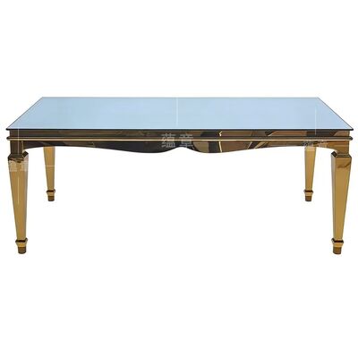 Bon prix Table de salle à manger de banquet Mia moderne en acier inoxydable doré avec plateau en verre trempé, durable pour les événements hôteliers en ligne