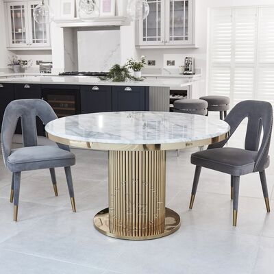 Bon prix Table à manger en acier inoxydable or moderne avec piédestal circulaire Marbre Maison Villa Hôtel Mariage Meubles contemporains élégants en ligne