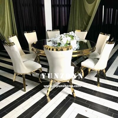 Bon prix Chaise banquet en PU dorée à dossier haut avec pieds en acier inoxydable, mobilier d'hôtel moderne pour banquets, fêtes, restaurants en ligne