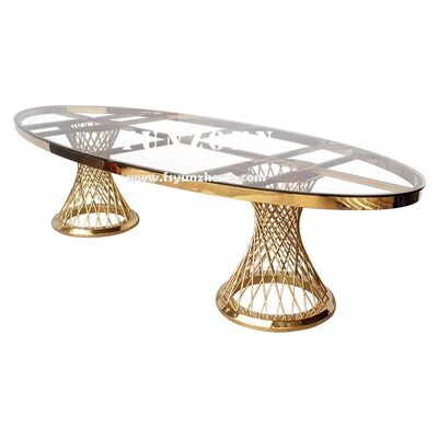 Bon prix Ensemble de table et chaises ovales en acier inoxydable doré de luxe pour fêtes de mariage et mobilier d'hôtel en ligne