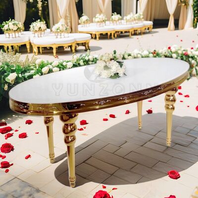 Bon prix Table de mariage moderne en acier inoxydable avec plateau en verre, forme ovale ronde pour événements extérieurs, fêtes, hôtels, banquets en ligne