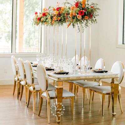 Bon prix Table de salle à manger moderne en acier inoxydable doré avec plateau en verre miroir pour hôtels, mariages, fêtes, événements en plein air pour banquets en ligne