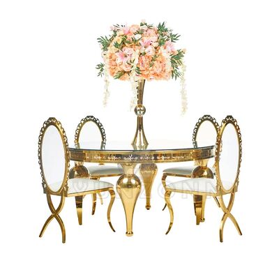 Bon prix Chaises de banquet en acrylique au design nouveau, cadre en acier inoxydable doré en métal, dossier ovale en cuir PU, salon commercial en ligne