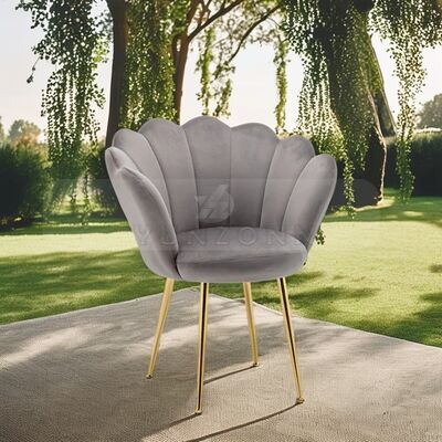 Bon prix Chaise à manger en velours gris de design nordique en forme de coquille en arrière jambe en or fauteuil individuel salon hôtel salle de sport-matériel rembourrée en ligne